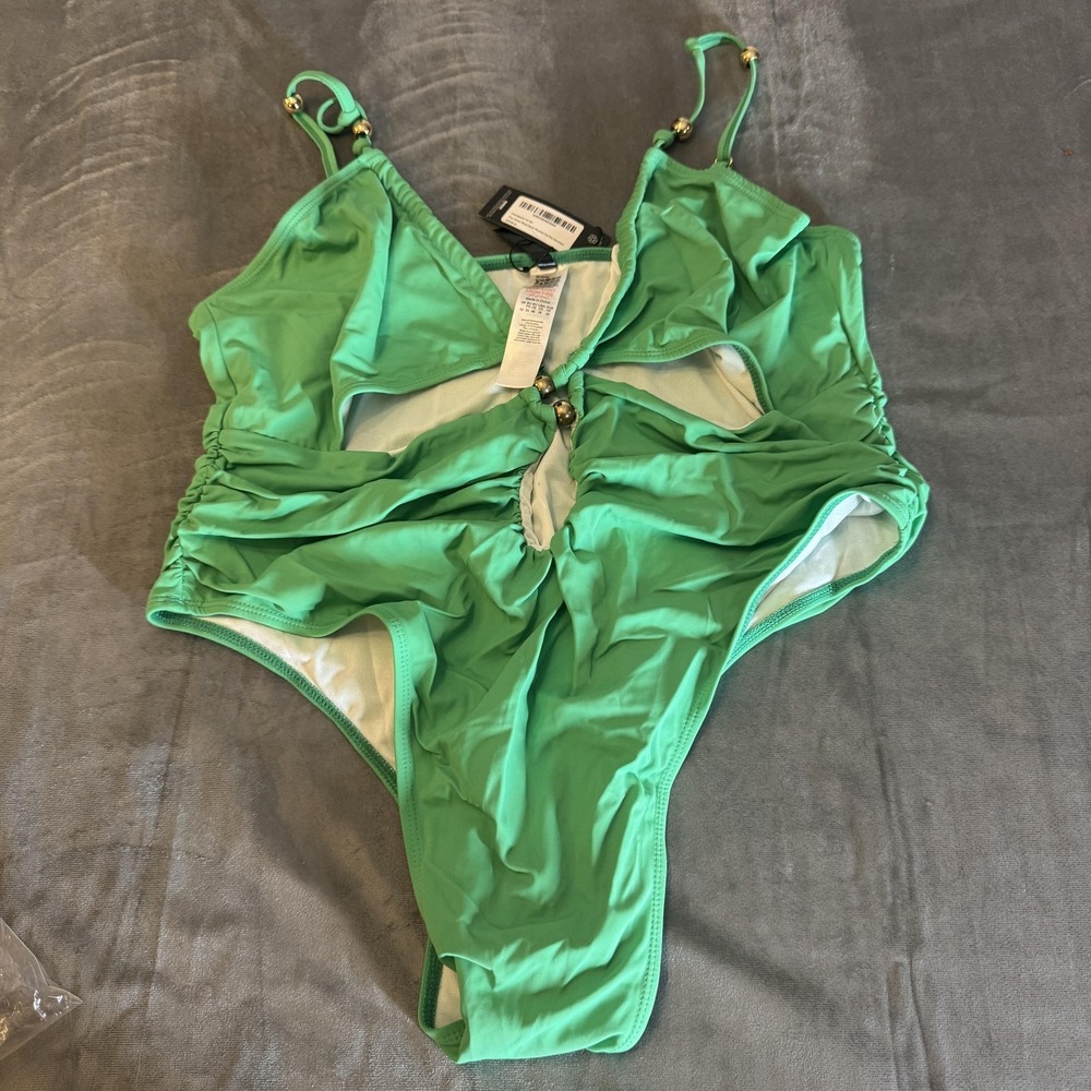 PrettyLittleThing Swimsuit Womens 18 Green One Piece Bead Detail Ruched Plus